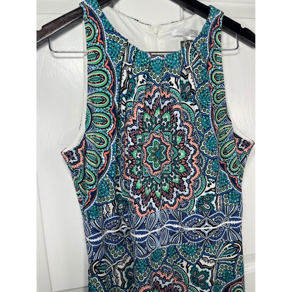 London Times Dress Womens 10 Blue Green Mandala Handkerchief Hem Sleeveless - Picture 6 of 9